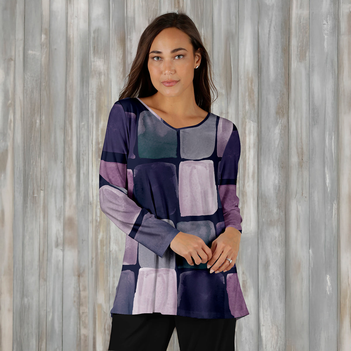 Long Sleeve V Neck Tunic - Abstract Geometric