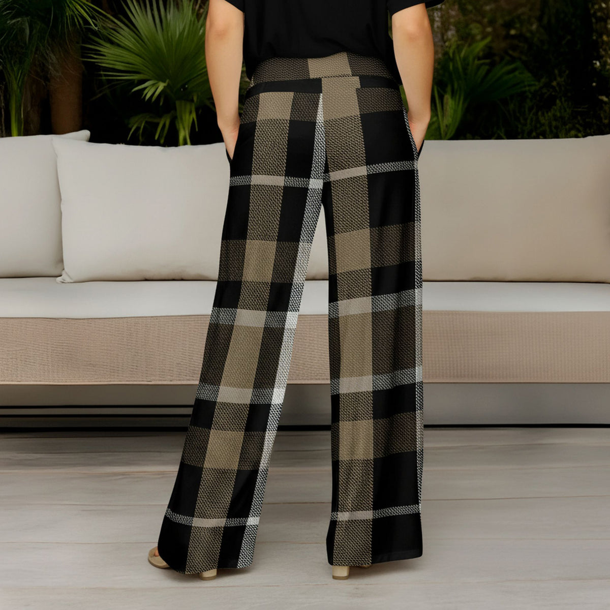 Wide Leg Pants with Pockets - Plaid