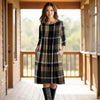 Three Quarter Sleeve Pleated Dress with Pockets - Plaid