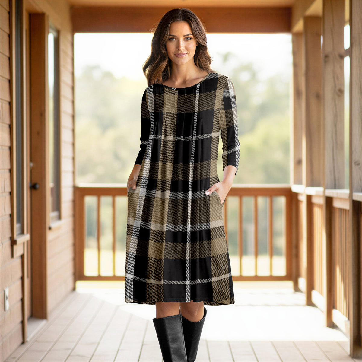 Three Quarter Sleeve Pleated Dress with Pockets - Plaid