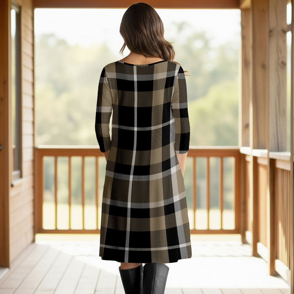 Three Quarter Sleeve Pleated Dress with Pockets - Plaid