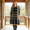 Three Quarter Sleeve Pleated Dress with Pockets - Plaid
