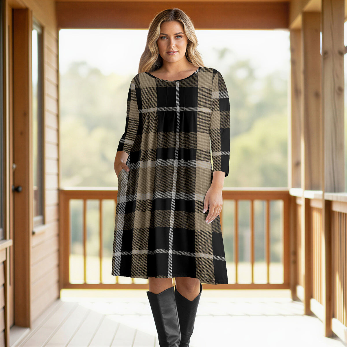 Three Quarter Sleeve Pleated Dress with Pockets - Plaid