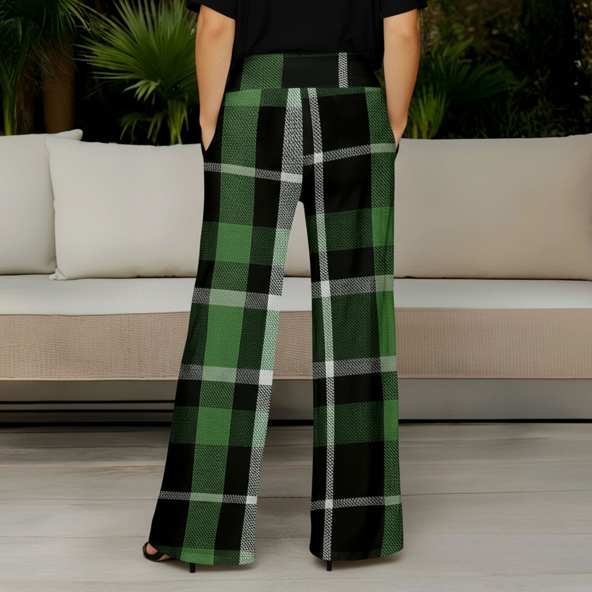 Wide Leg Pants with Pockets - Plaid