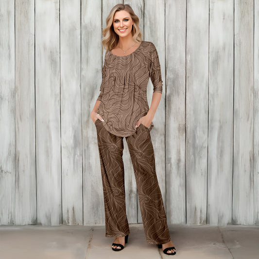 2 Piece Set - Pleated Three Quarter Sleeve Tunic and Pocket Pants - Floral