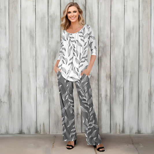 2 Piece Set - Pleated Three Quarter Sleeve Tunic and Pocket Pants - Leaves