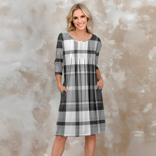 Three Quarter Sleeve Pleated Dress with Pockets - Plaid