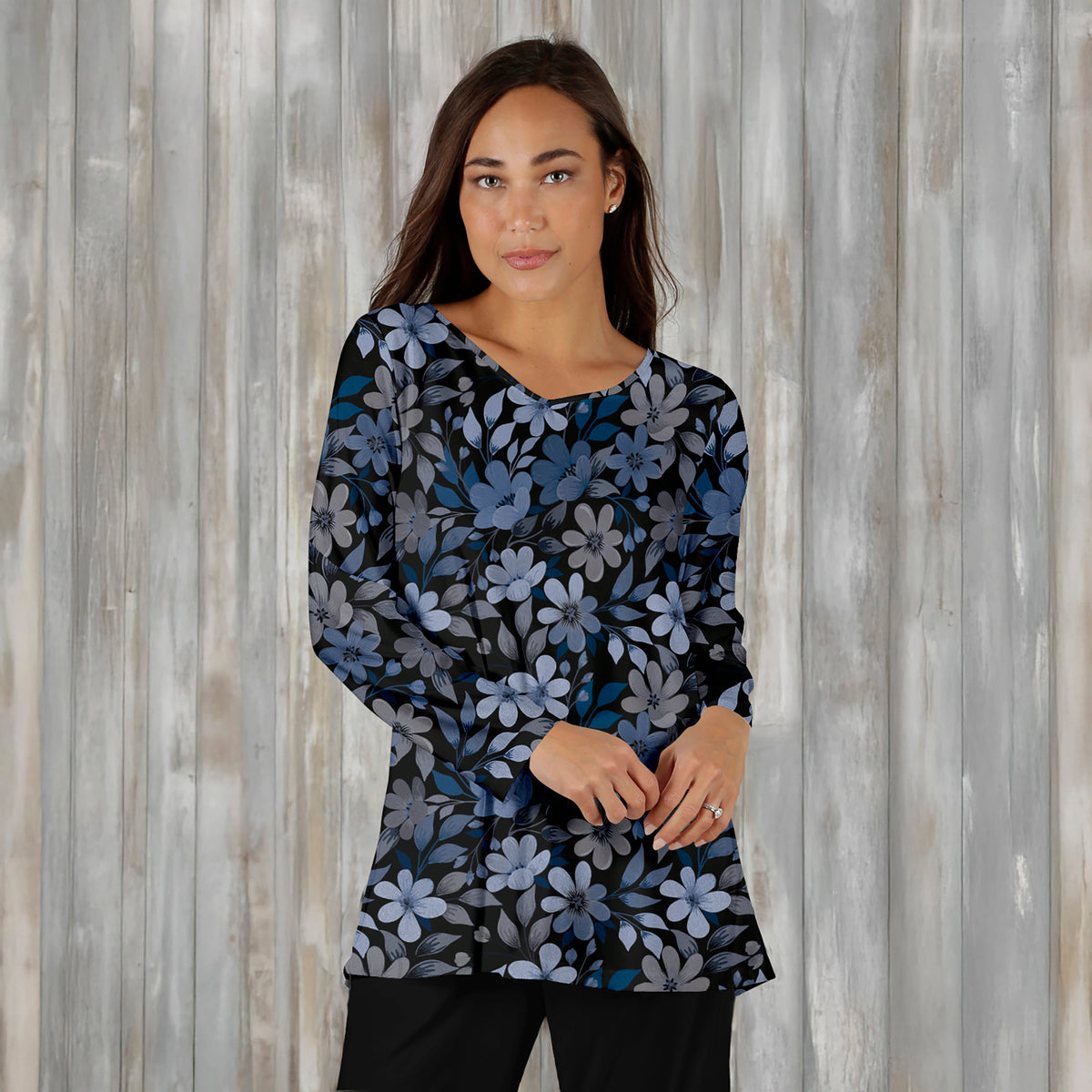 Long Sleeve V Neck Tunic - Floral