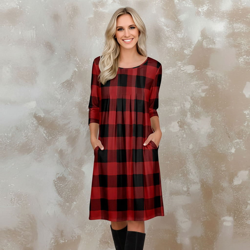 Three Quarter Sleeve Pleated Dress with Pockets - Plaid