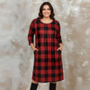 Three Quarter Sleeve Pleated Dress with Pockets - Plaid