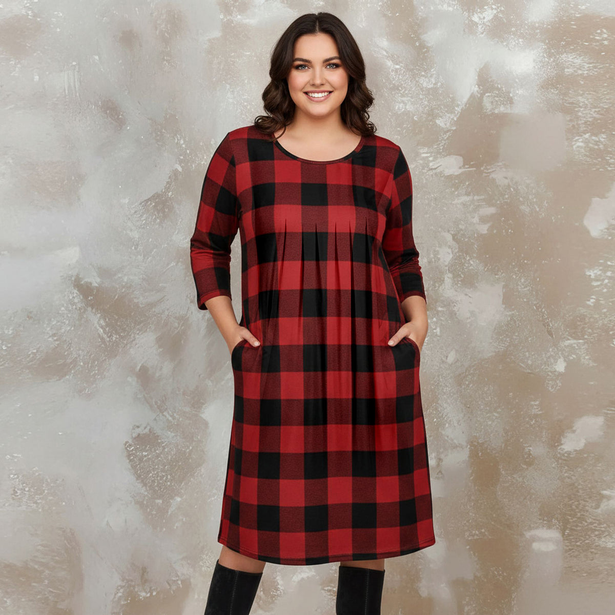 Three Quarter Sleeve Pleated Dress with Pockets - Plaid