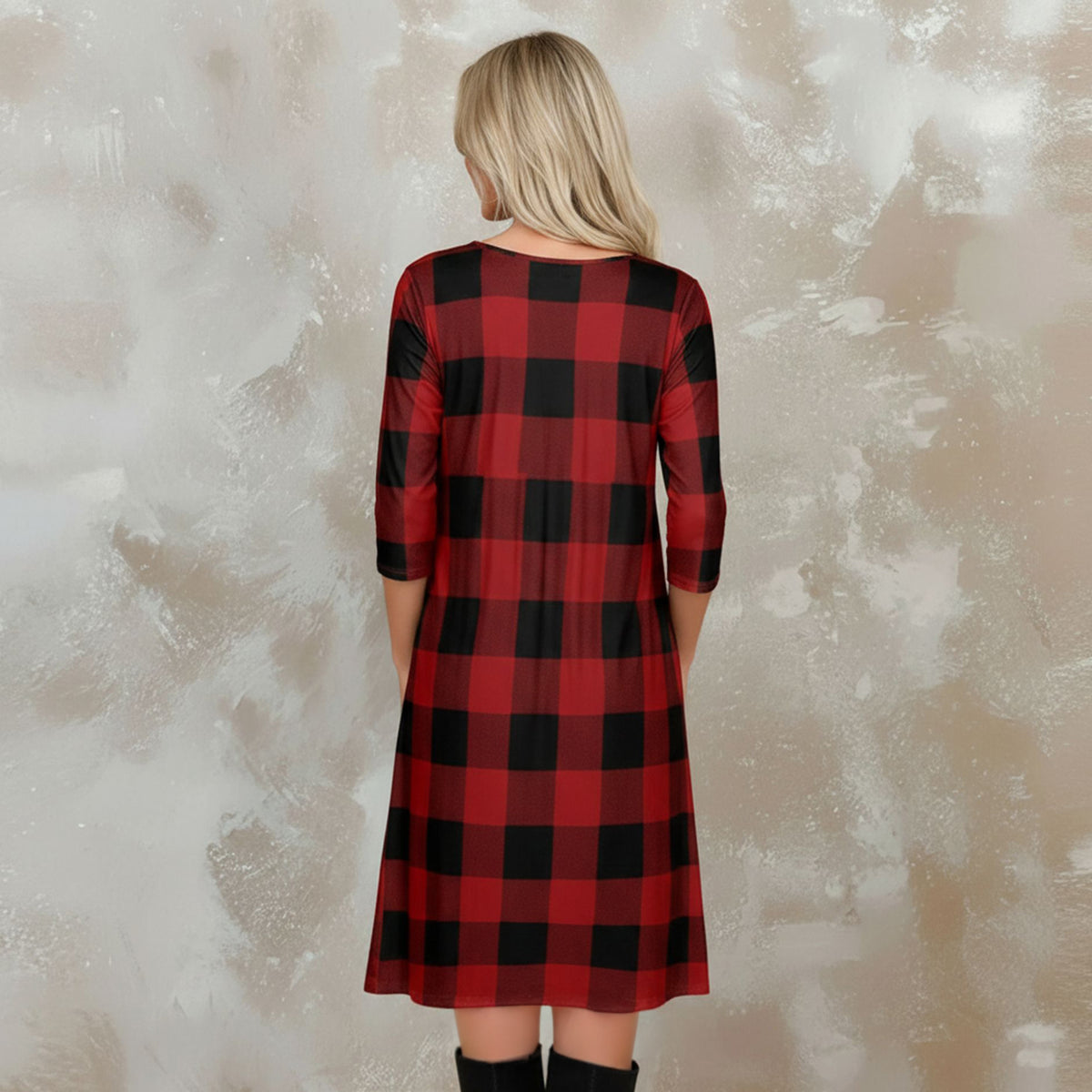 Three Quarter Sleeve Pleated Dress with Pockets - Plaid