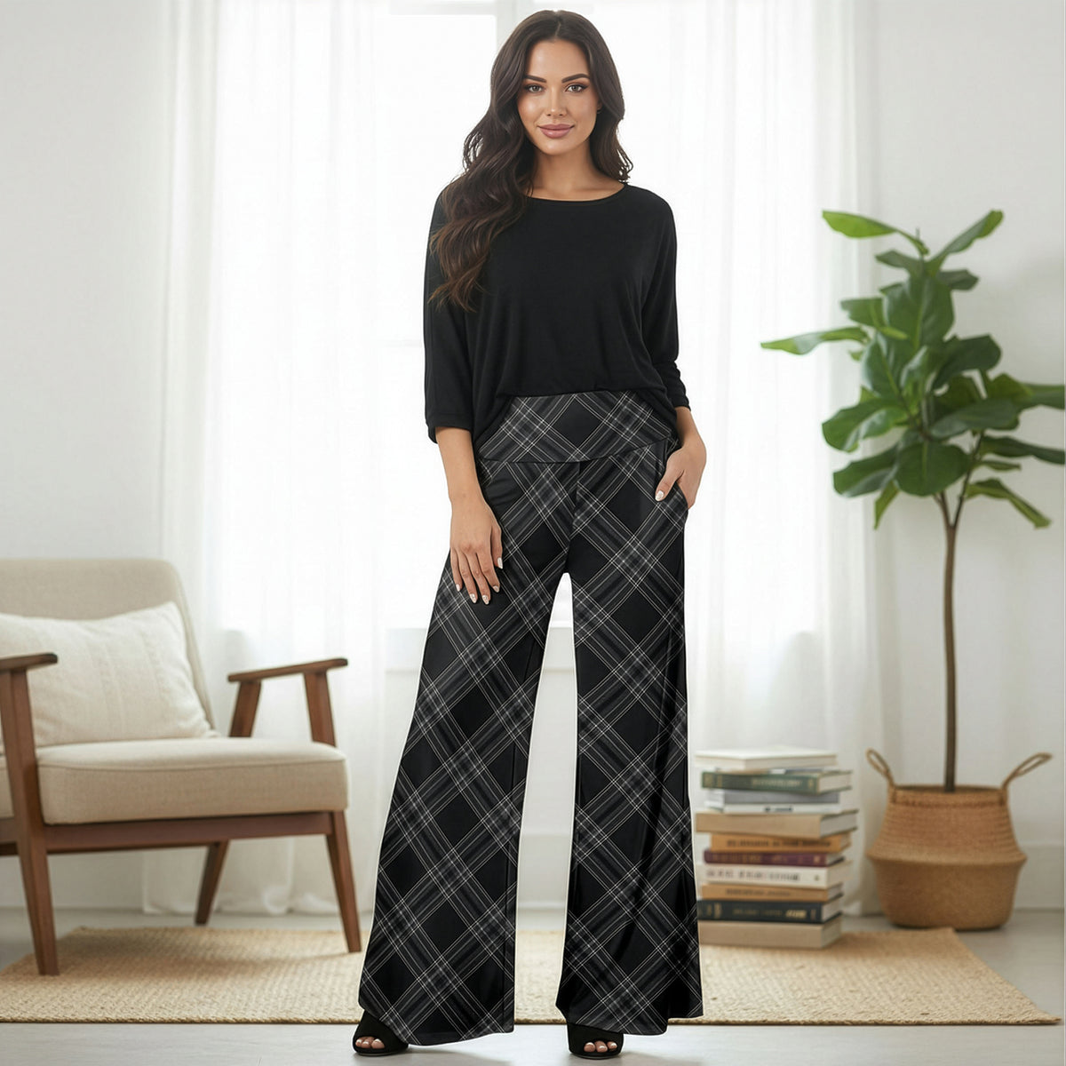 Wide Leg Pants with Pockets - Plaid