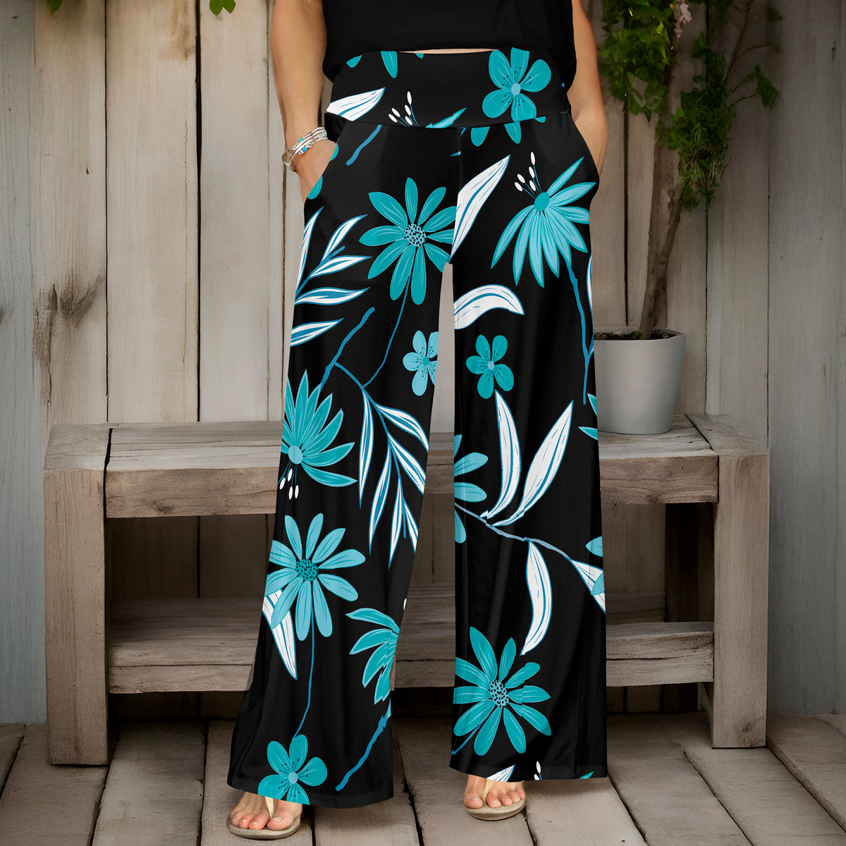 Wide Leg Pants with Pockets - Floral