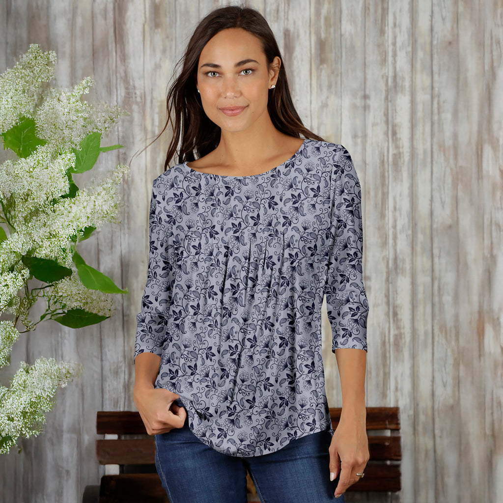 Pleated Three-Quarter Sleeve Tunic - Floral