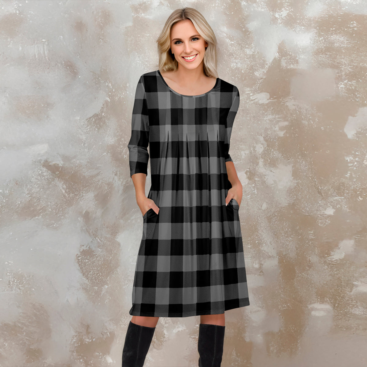 Three Quarter Sleeve Pleated Dress with Pockets - Plaid