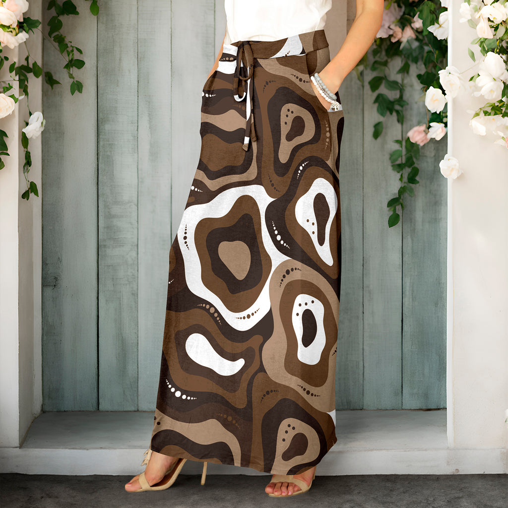 Drawstring Maxi Skirt with Side Pockets - Abstract Swirl
