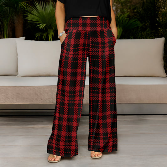 Wide Leg Pants with Pockets - Plaid