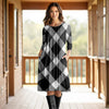 Three Quarter Sleeve Pleated Dress with Pockets - Plaid