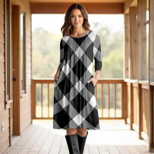Three Quarter Sleeve Pleated Dress with Pockets - Plaid