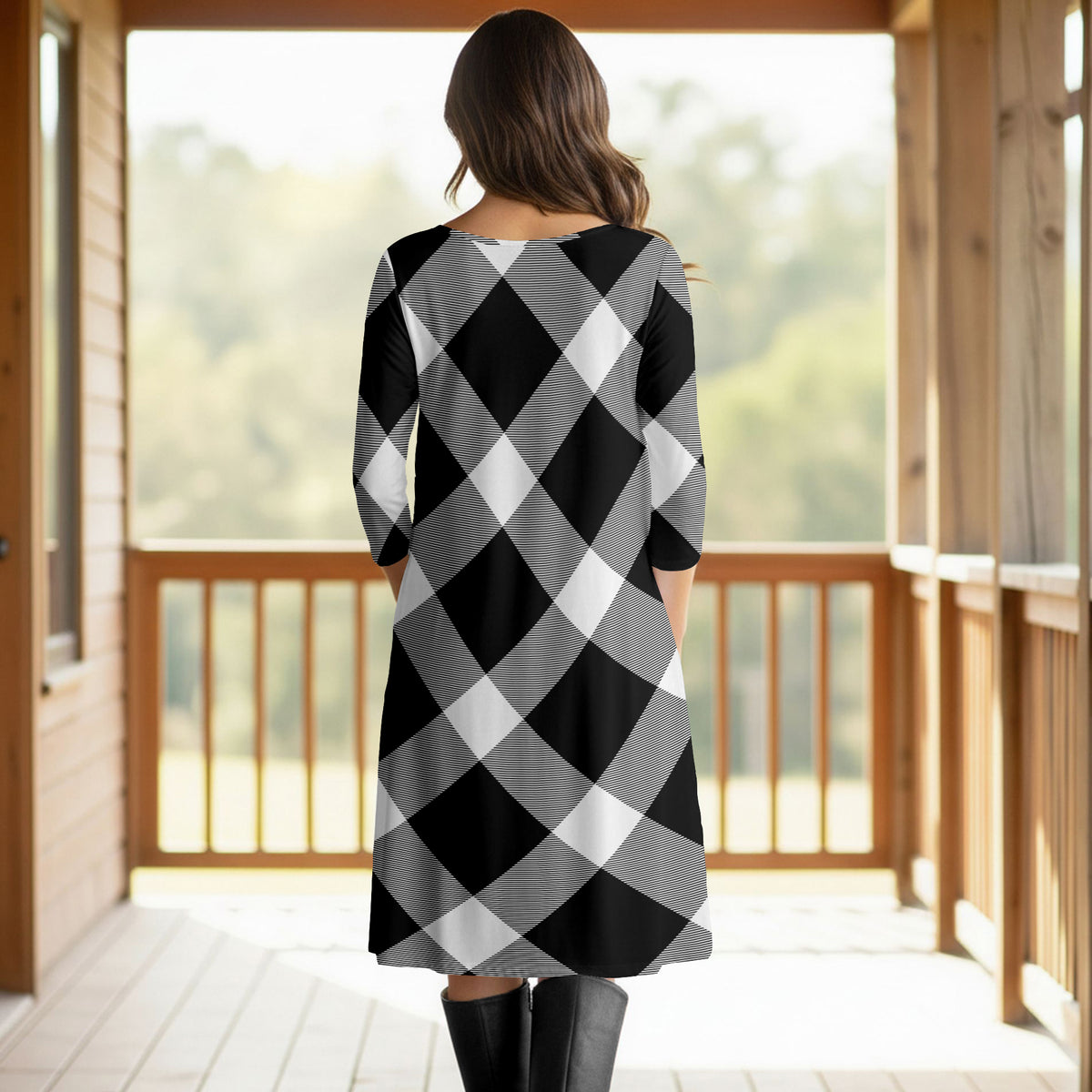 Three Quarter Sleeve Pleated Dress with Pockets - Plaid