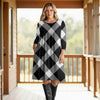 Three Quarter Sleeve Pleated Dress with Pockets - Plaid