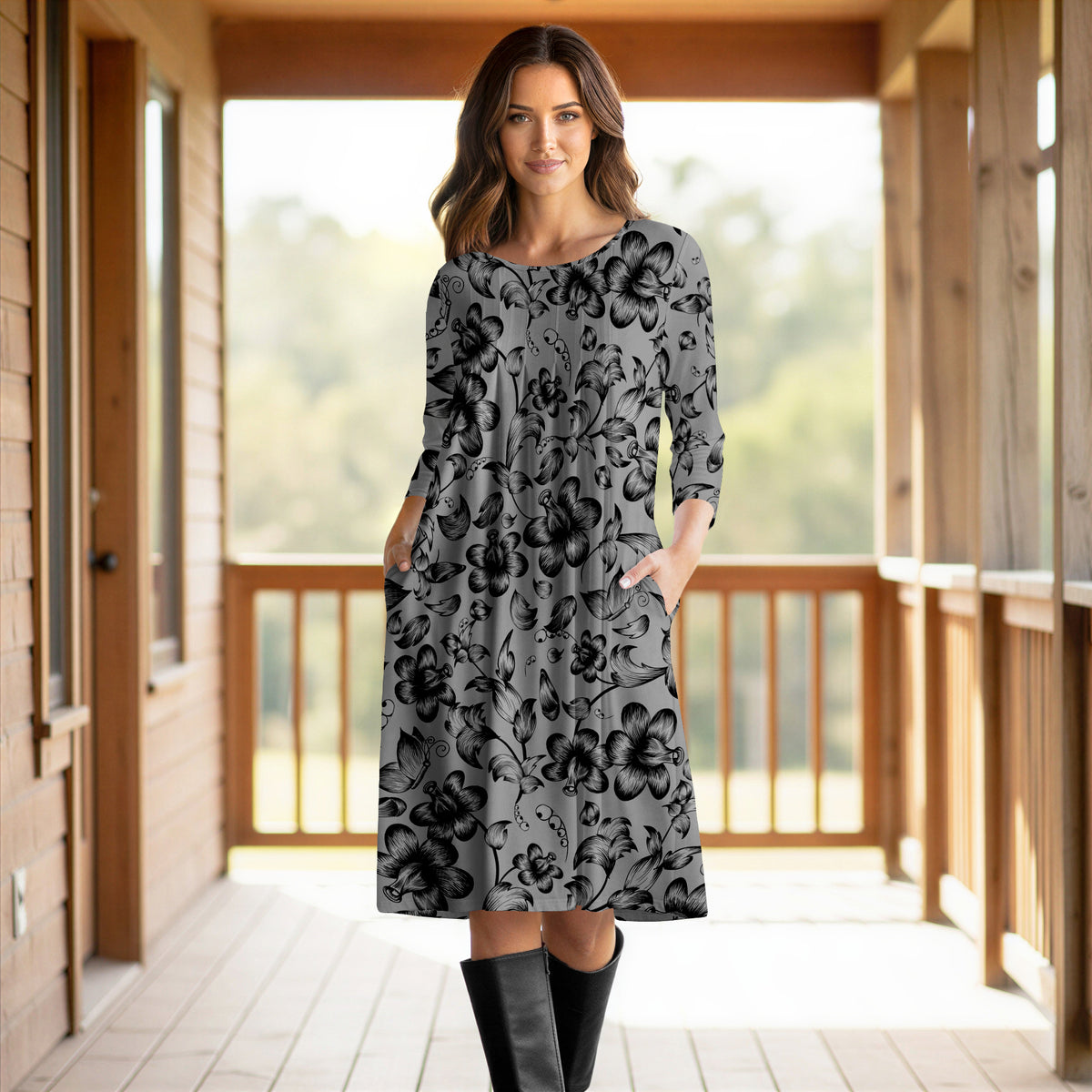 Three Quarter Sleeve Pleated Dress with Pockets - Floral