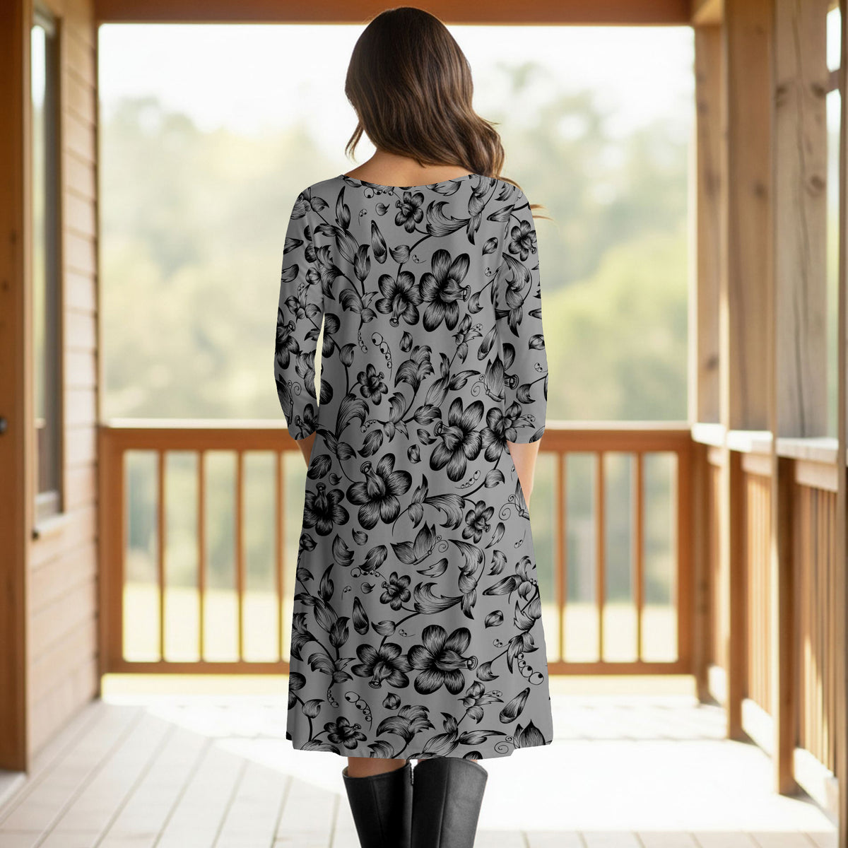 Three Quarter Sleeve Pleated Dress with Pockets - Floral