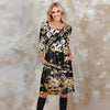 Three Quarter Sleeve Pleated Dress with Pockets - Abstract