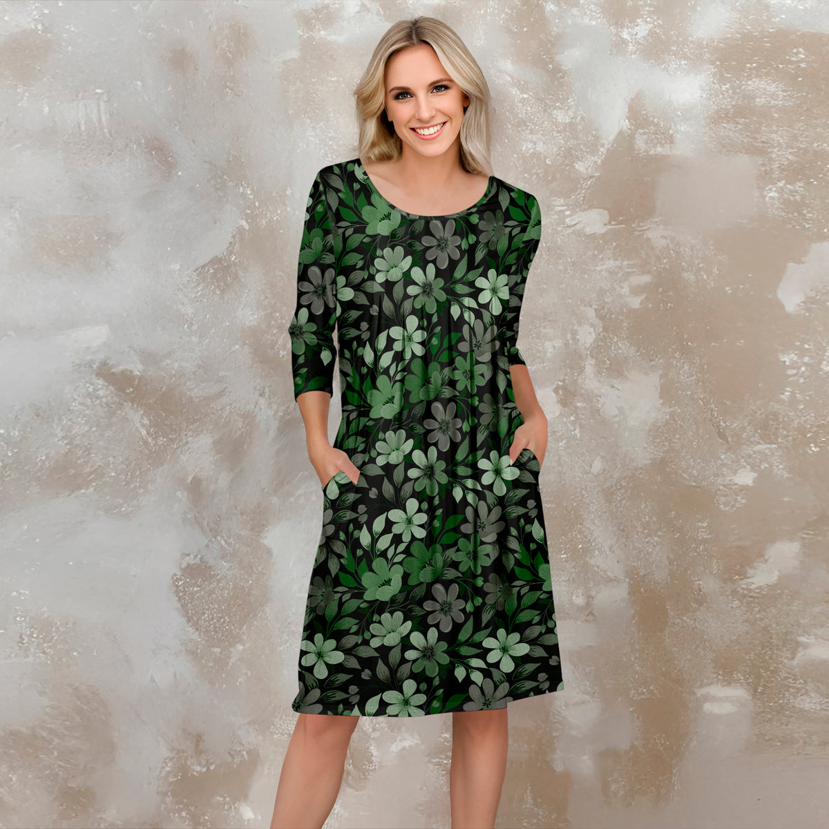 Three Quarter Sleeve Pleated Dress with Pockets - Floral