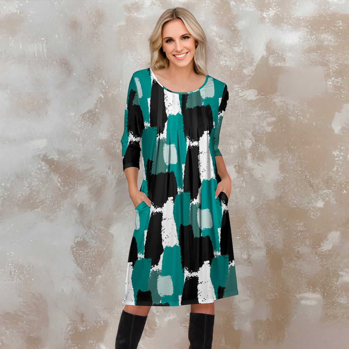 Three Quarter Sleeve Pleated Dress with Pockets - Abstract