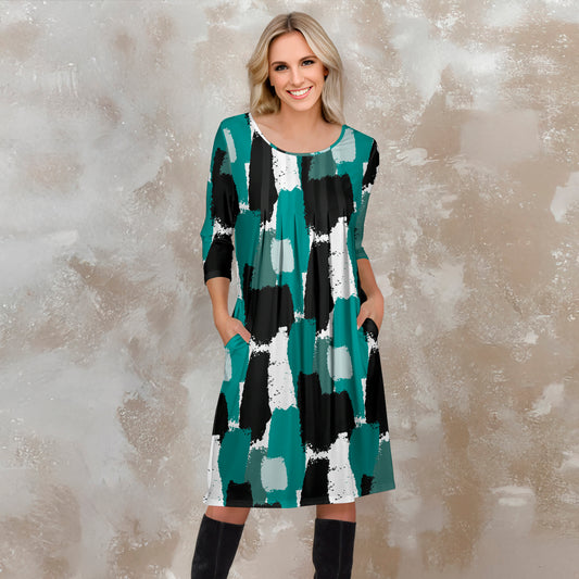 Three Quarter Sleeve Pleated Dress with Pockets - Abstract