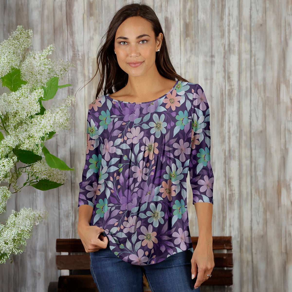 Pleated Three-Quarter Sleeve Tunic - Floral