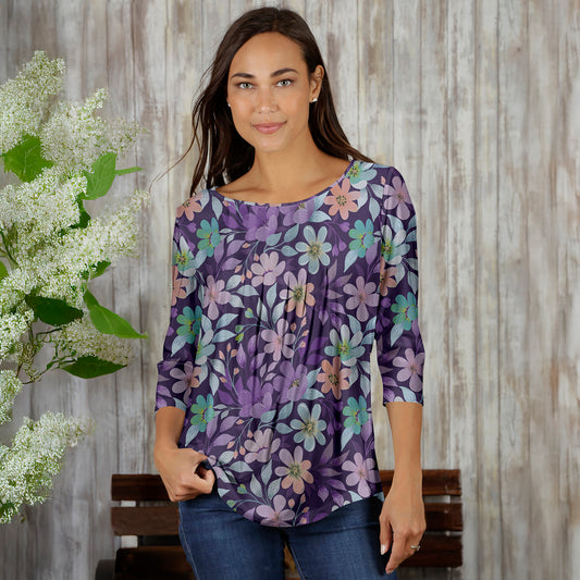Pleated Three-Quarter Sleeve Tunic - Floral
