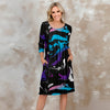 Three Quarter Sleeve Pleated Dress with Pockets - Abstract