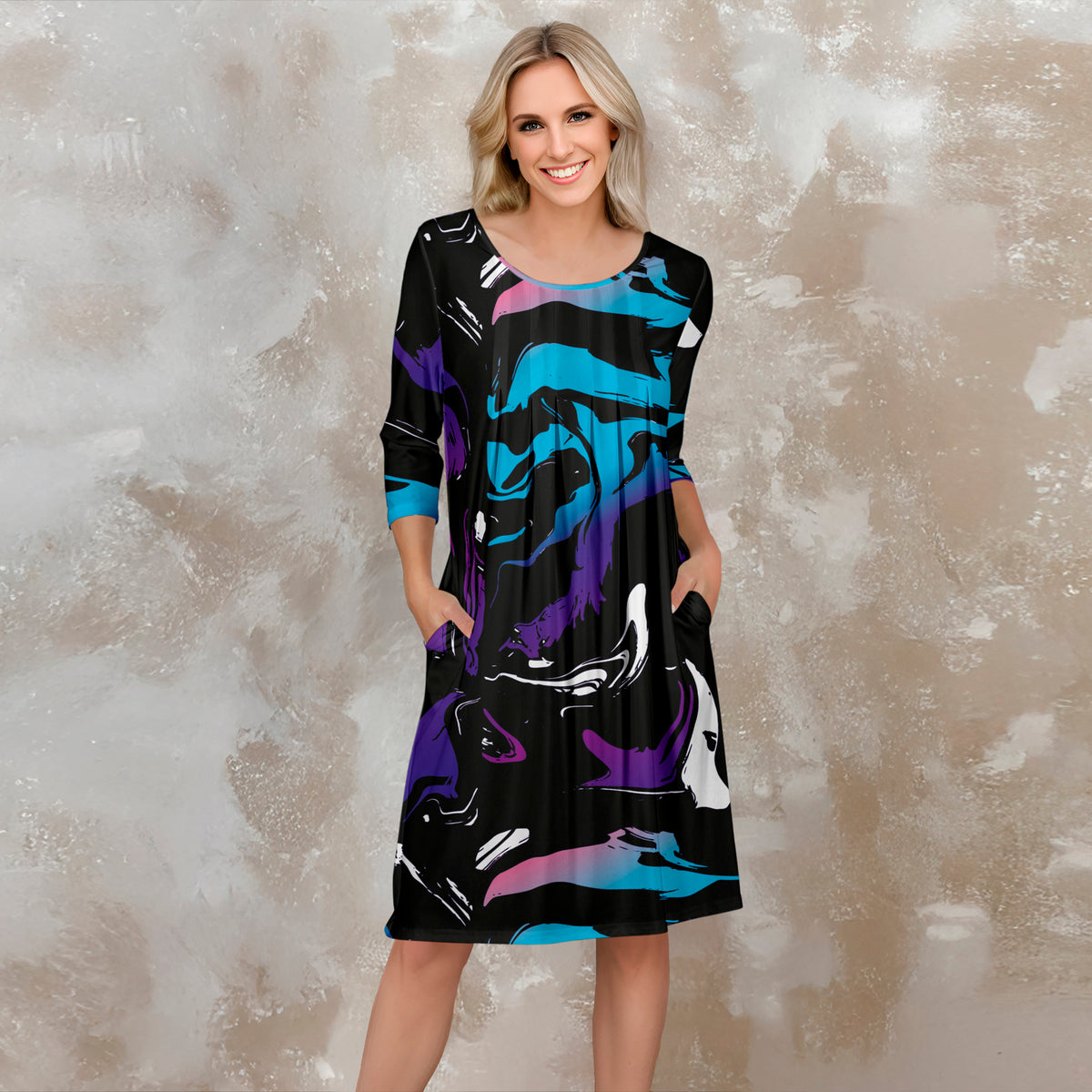 Three Quarter Sleeve Pleated Dress with Pockets - Abstract
