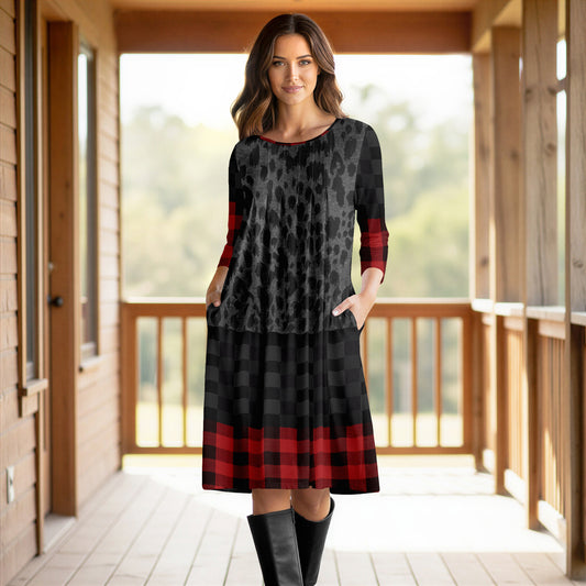 Three Quarter Sleeve Pleated Dress with Pockets - Plaid with Animal Print