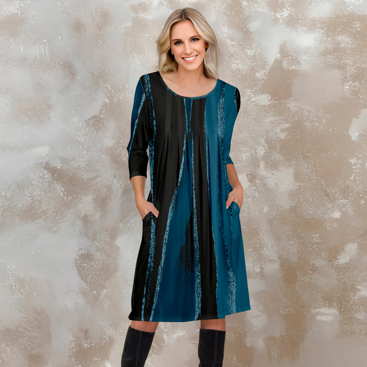 Three Quarter Sleeve Pleated Dress with Pockets - Abstract