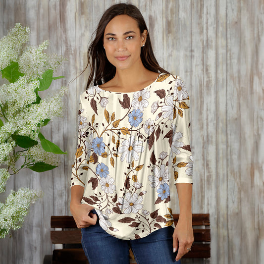 Pleated Three-Quarter Sleeve Tunic - Floral
