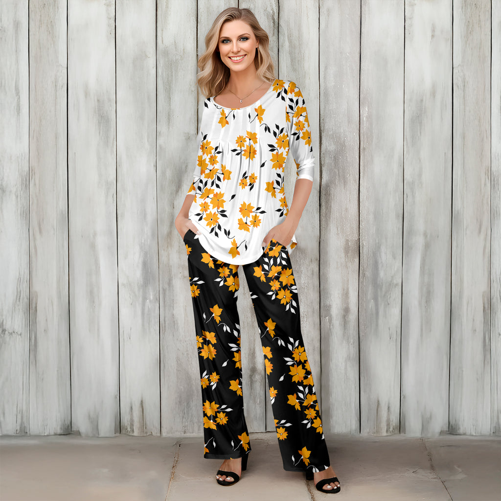 2 Piece Set - Pleated Three Quarter Sleeve Tunic and Pocket Pants - Floral
