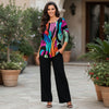 2 Piece Set - Pleated Three Quarter Sleeve Tunic and Pocket Pants - Abstract