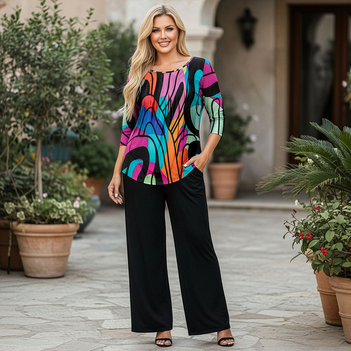 2 Piece Set - Pleated Three Quarter Sleeve Tunic and Pocket Pants - Abstract