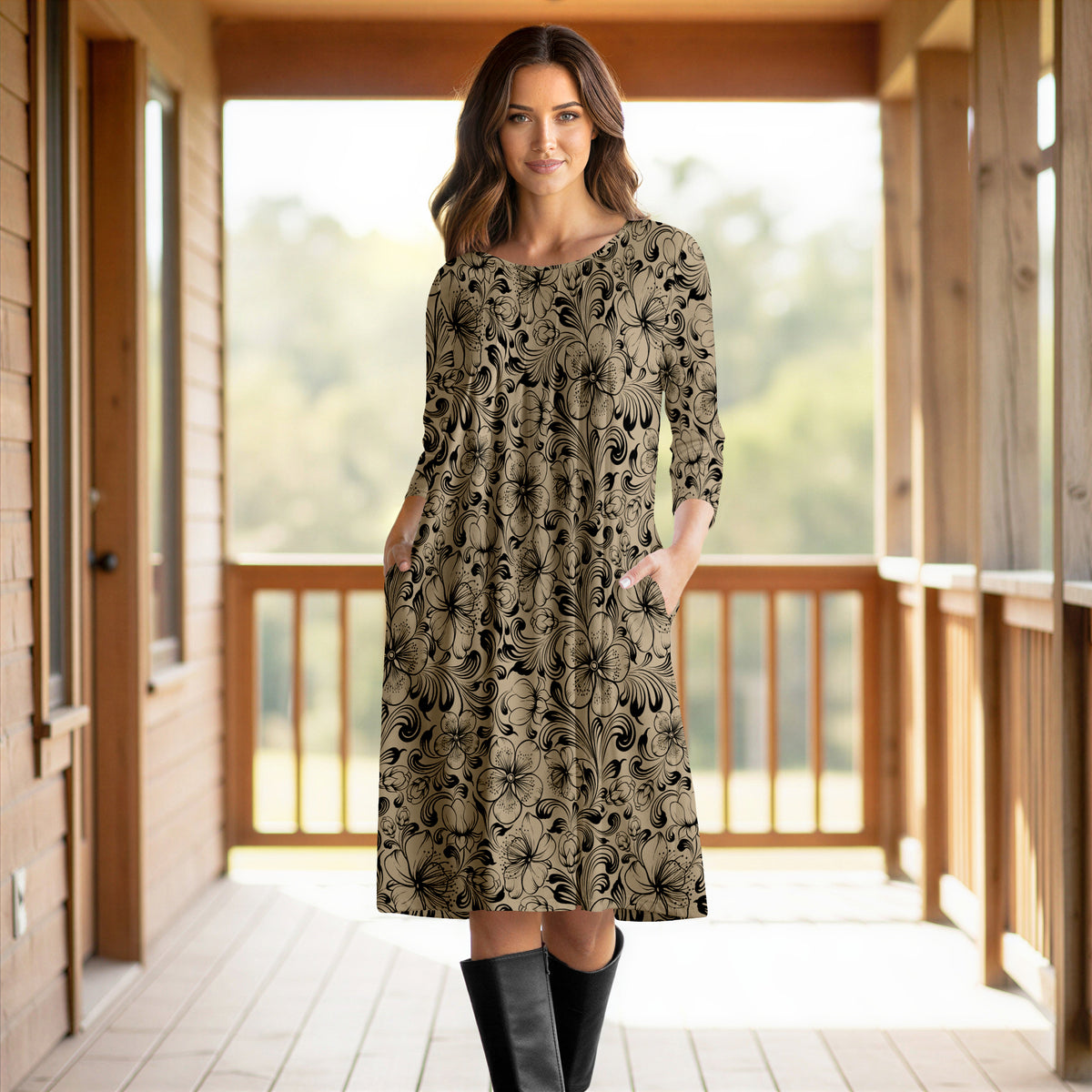 Three Quarter Sleeve Pleated Dress with Pockets - Floral