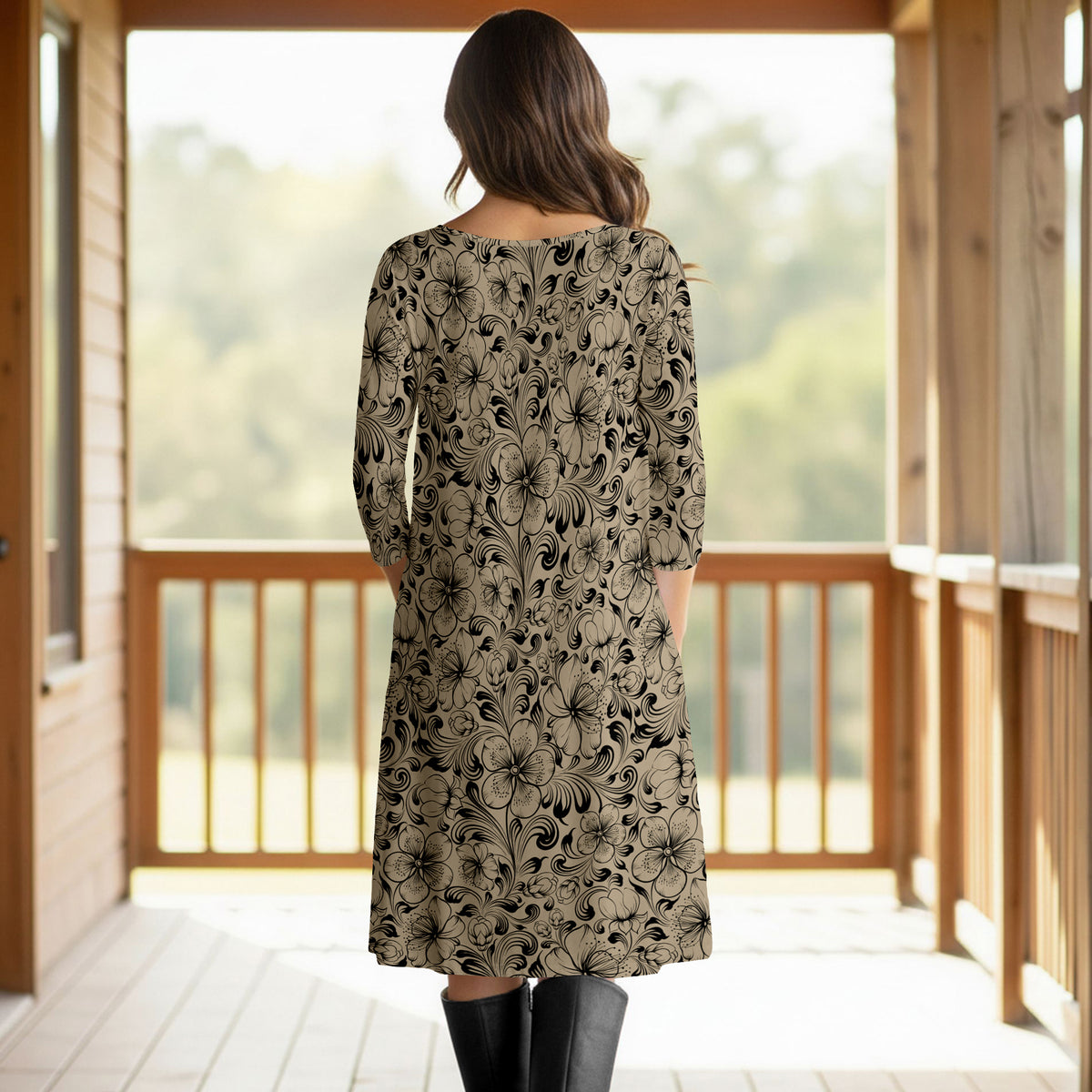 Three Quarter Sleeve Pleated Dress with Pockets - Floral