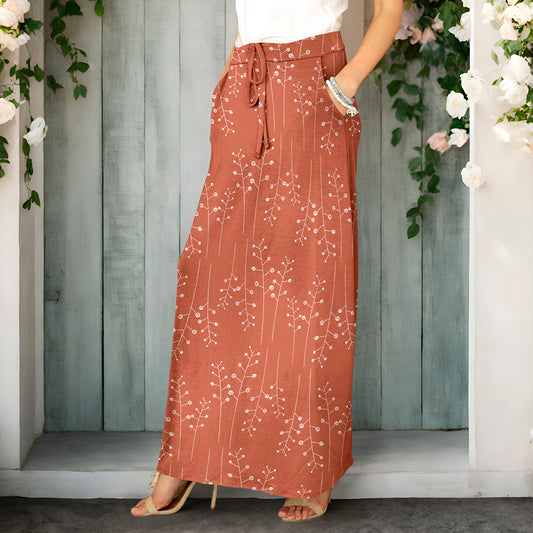 Drawstring Maxi Skirt with Side Pockets - Floral
