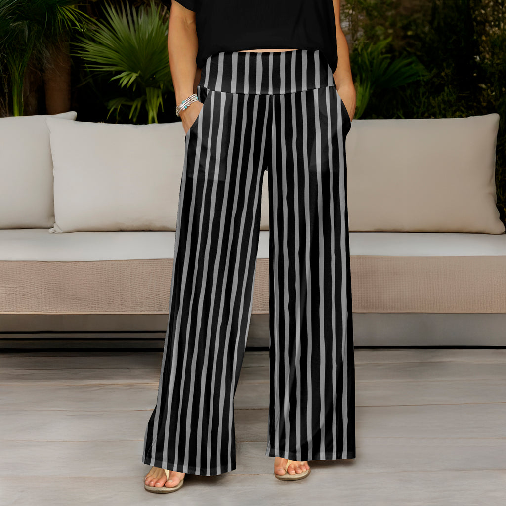 Wide Leg Pants with Pockets - Striped