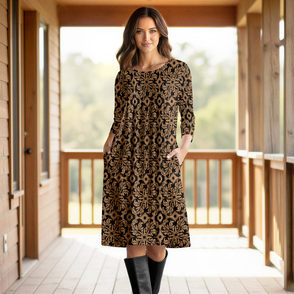 Three Quarter Sleeve Pleated Dress with Pockets - Floral Scroll