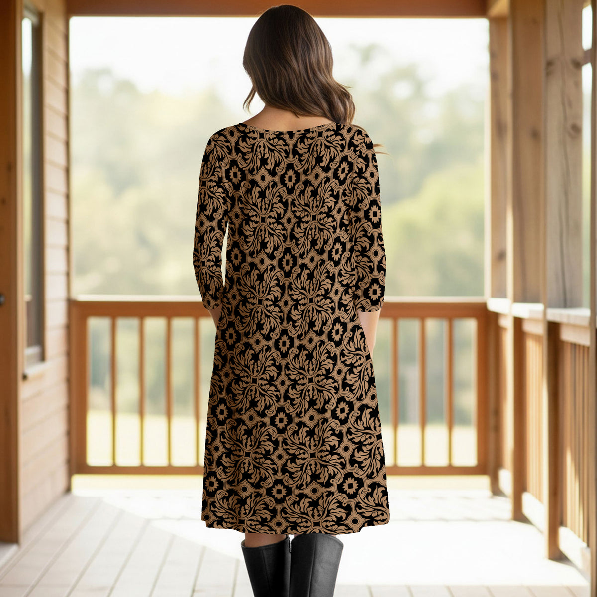 Three Quarter Sleeve Pleated Dress with Pockets - Floral Scroll