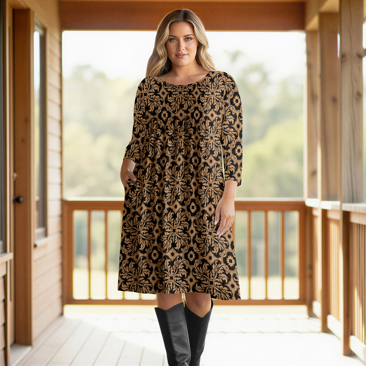 Three Quarter Sleeve Pleated Dress with Pockets - Floral Scroll