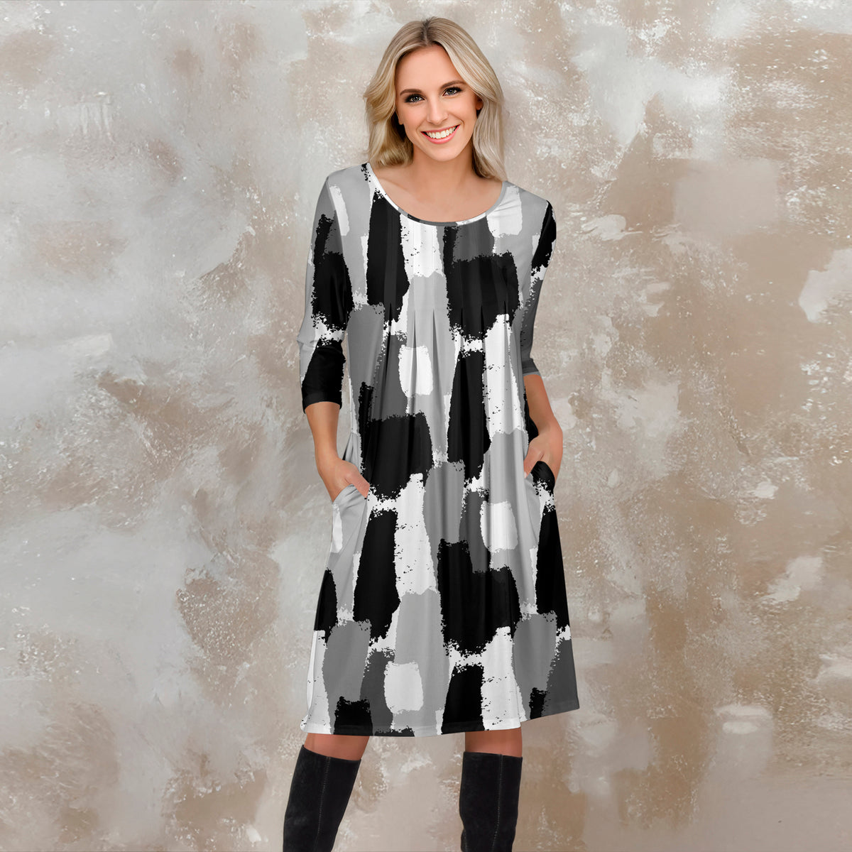 Three Quarter Sleeve Pleated Dress with Pockets - Abstract